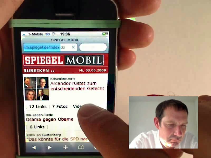Mobile Usabiliy - Screenshot aus der Aufzeichung von einem Usability-Test mit Kamera am Handy montiert